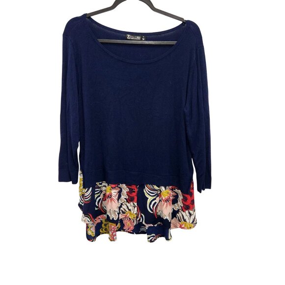 7th Avenue Design Studio XL Navy Floral Hem Knit Top 4181 - Picture 1 of 8